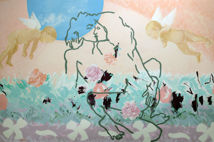 “Camera degli Sposi,” Flashe paint on canvas. 50x74 in. This painting hung above Lenček’s bed.